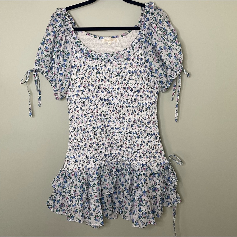 LOVESHACKFANCY Violet Smocked Floral Dress in Blue Jay. Large. - Picture 3 of 11
